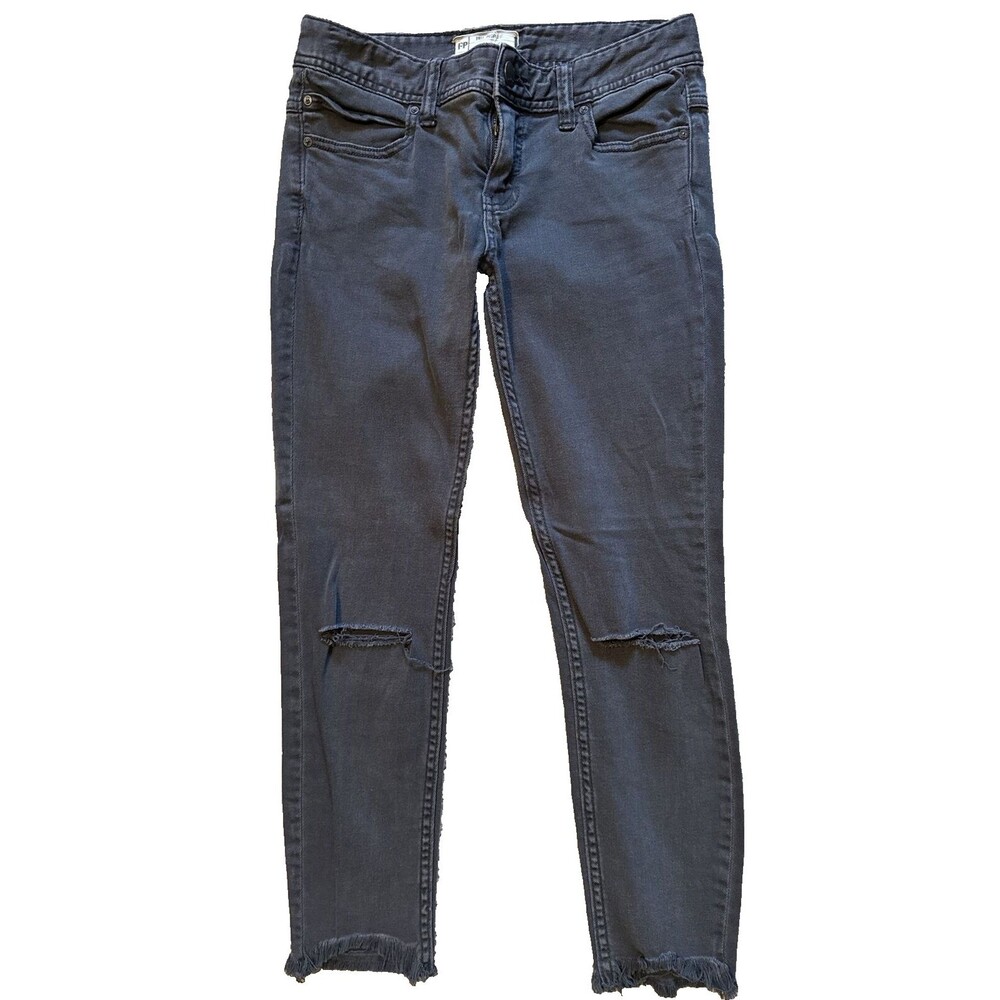 Free People Cropped Frayed Ankle, Distressed Skinny Jeans, Gray, 27